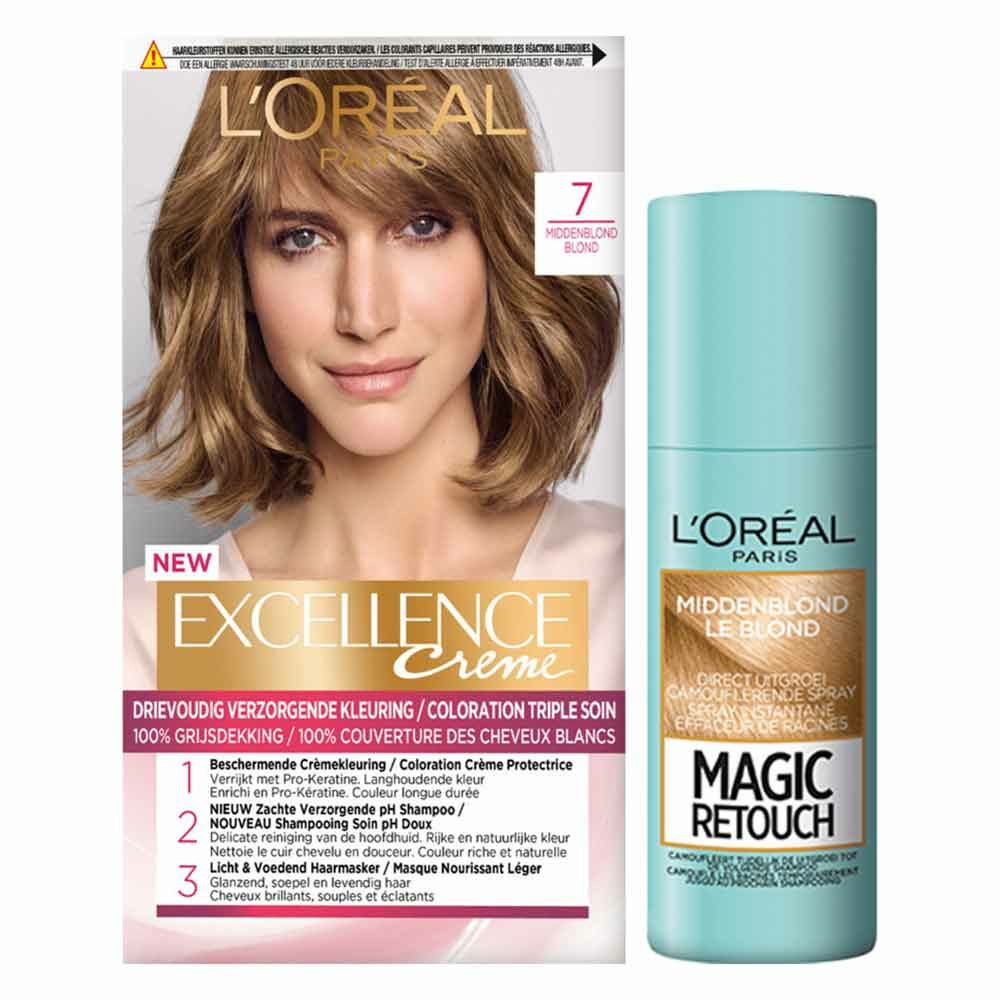 L'Oréal Excellence Creme Haarverf 7 Middenblond + Magic Retouch Uitgroeispray Middenblond 75 m Pakke