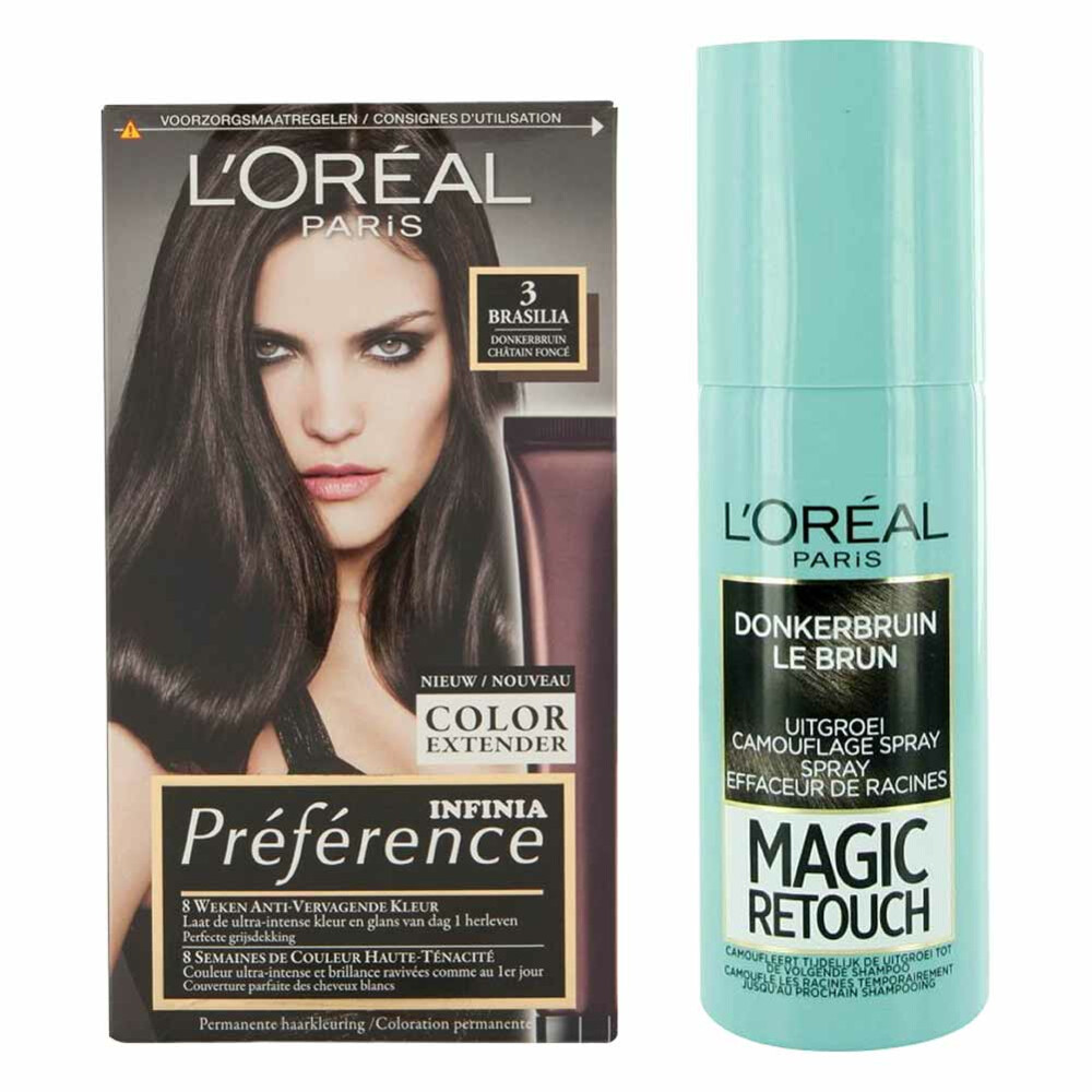 Schurk Vrijgekomen Oh jee L'Oréal Preference Haarkleuring 03 Brasilia - Donkerbruin + Magic Retouch  Uitgroeispray Bruin 75 m Pakket | Plein.nl
