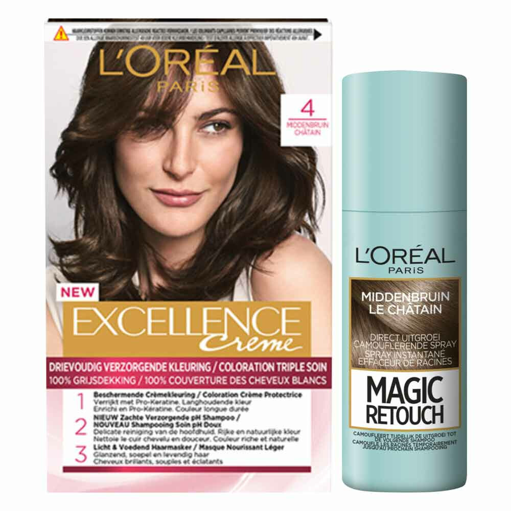 L'Oréal Excellence Creme Haarverf 4 Middenbruin + Magic Retouch Uitgroeispray Middenbruin 75 ml Pakk