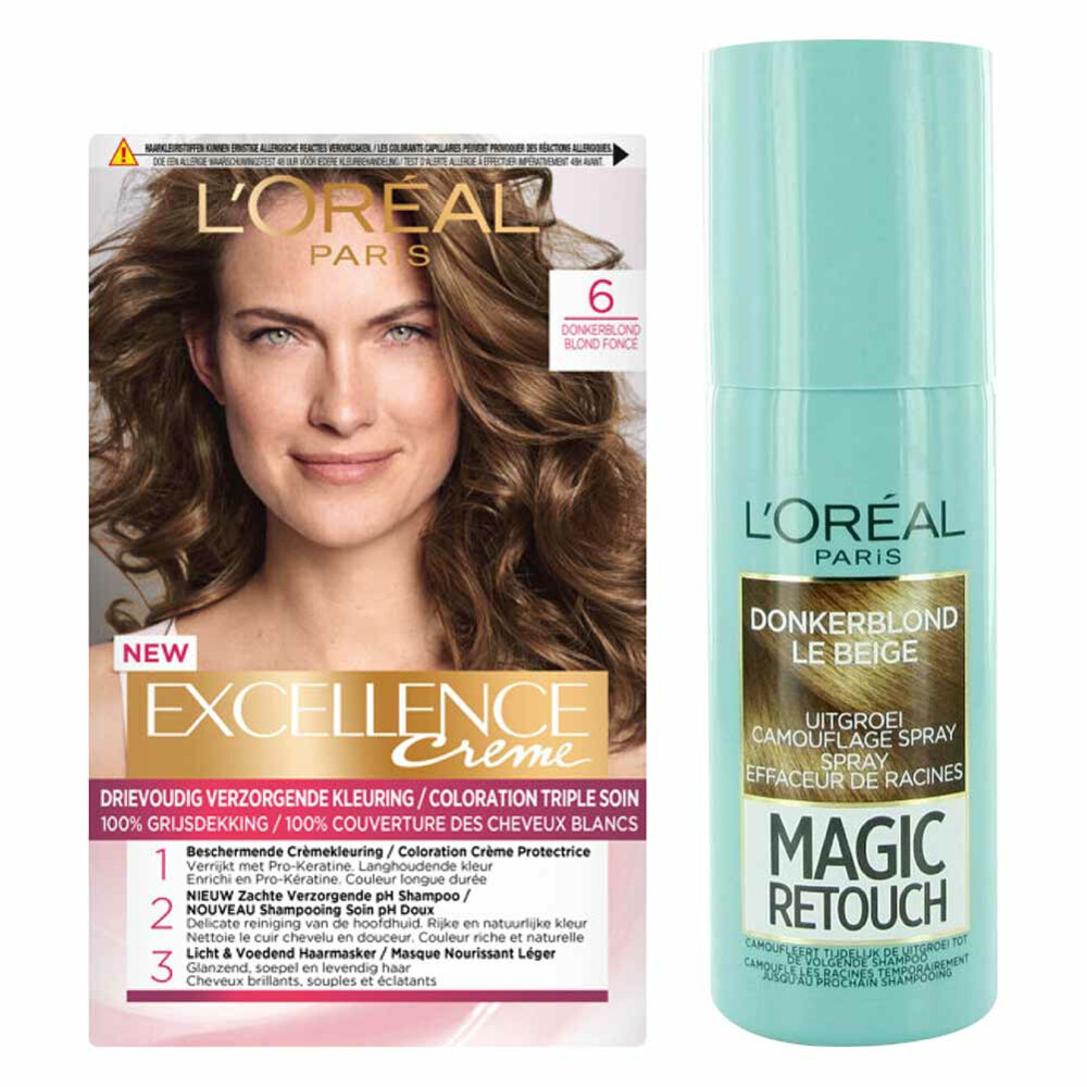 Vel Mompelen Collectief L'Oréal Excellence Creme 6 Donker Blond + Magic Retouch Uitgroeispray  Donkerblond 75 ml Pakket | Plein.nl