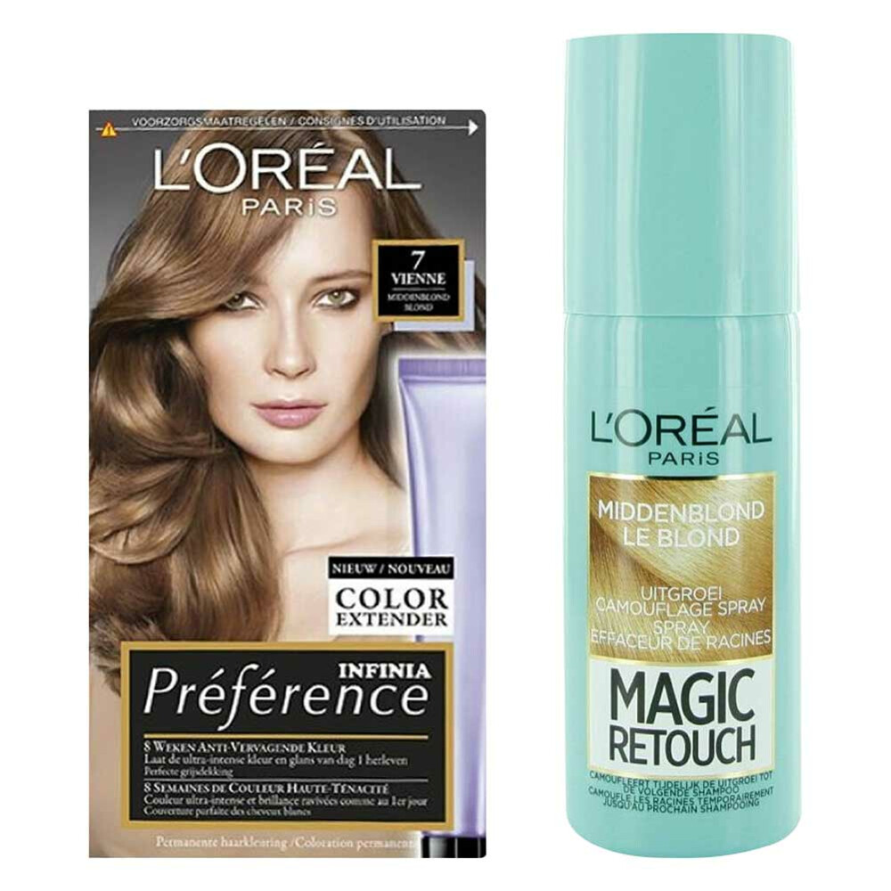 L'Oréal Preference Haarkleuring 07 Vienne Midden Blond + Magic Retouch Uitgroeispray Middenblond 75 