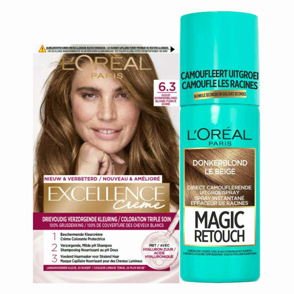 L'Oréal Excellence Creme 6.3 Donker Goudblond + Magic Retouch Uitgroeispray Donkerblond 75 ml Pakket