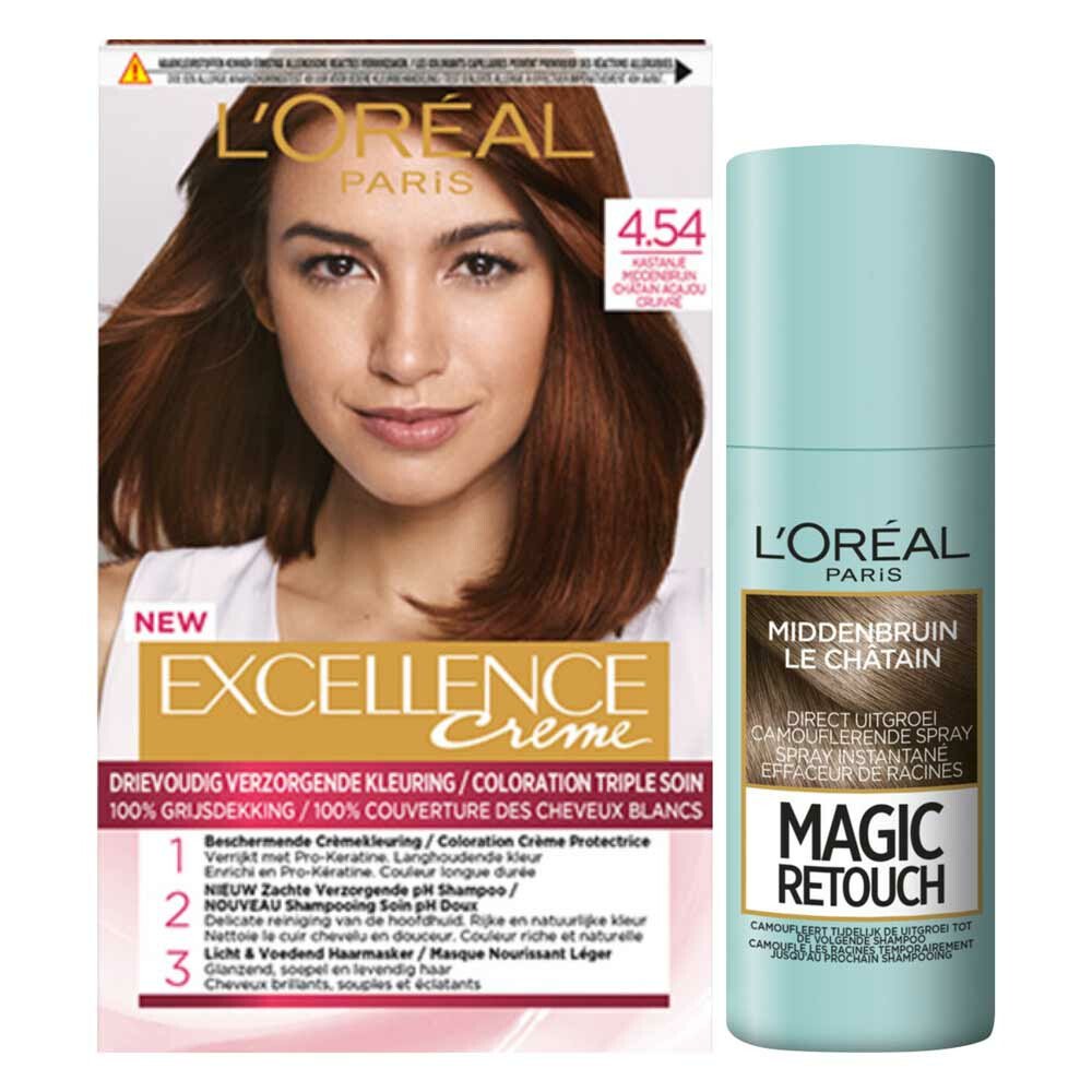 L'Oréal Excellence Creme Haarverf 4.54 Kastanje Middenbruin + Magic Retouch Uitgroeispray Middenbrui