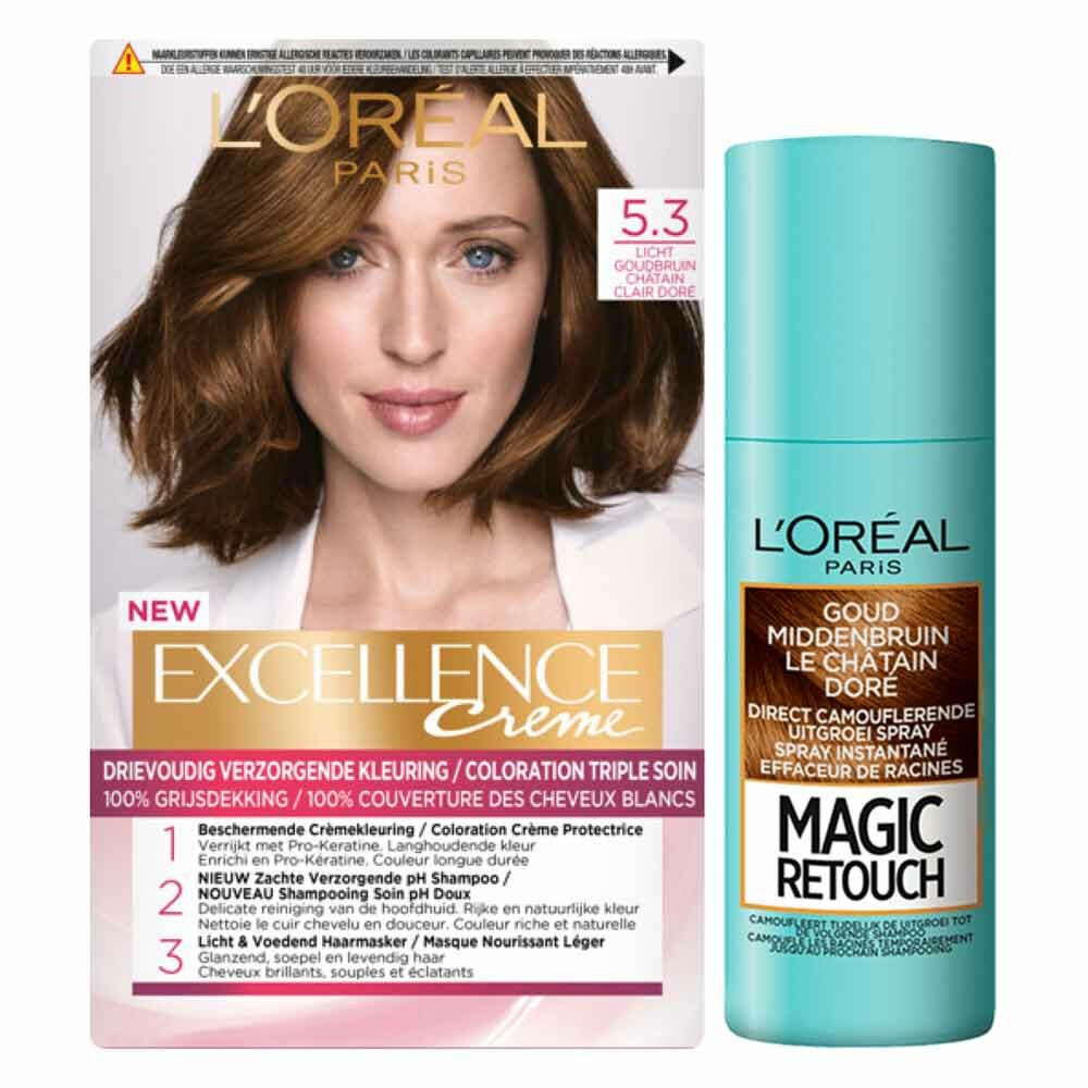 Vriendin klif kleurstof L'Oréal Excellence Creme Haarverf 5.3 Licht Goudbruin + Magic Retouch  Uitgroeispray Goud Middenbruin 75 ml Pakket | Plein.nl