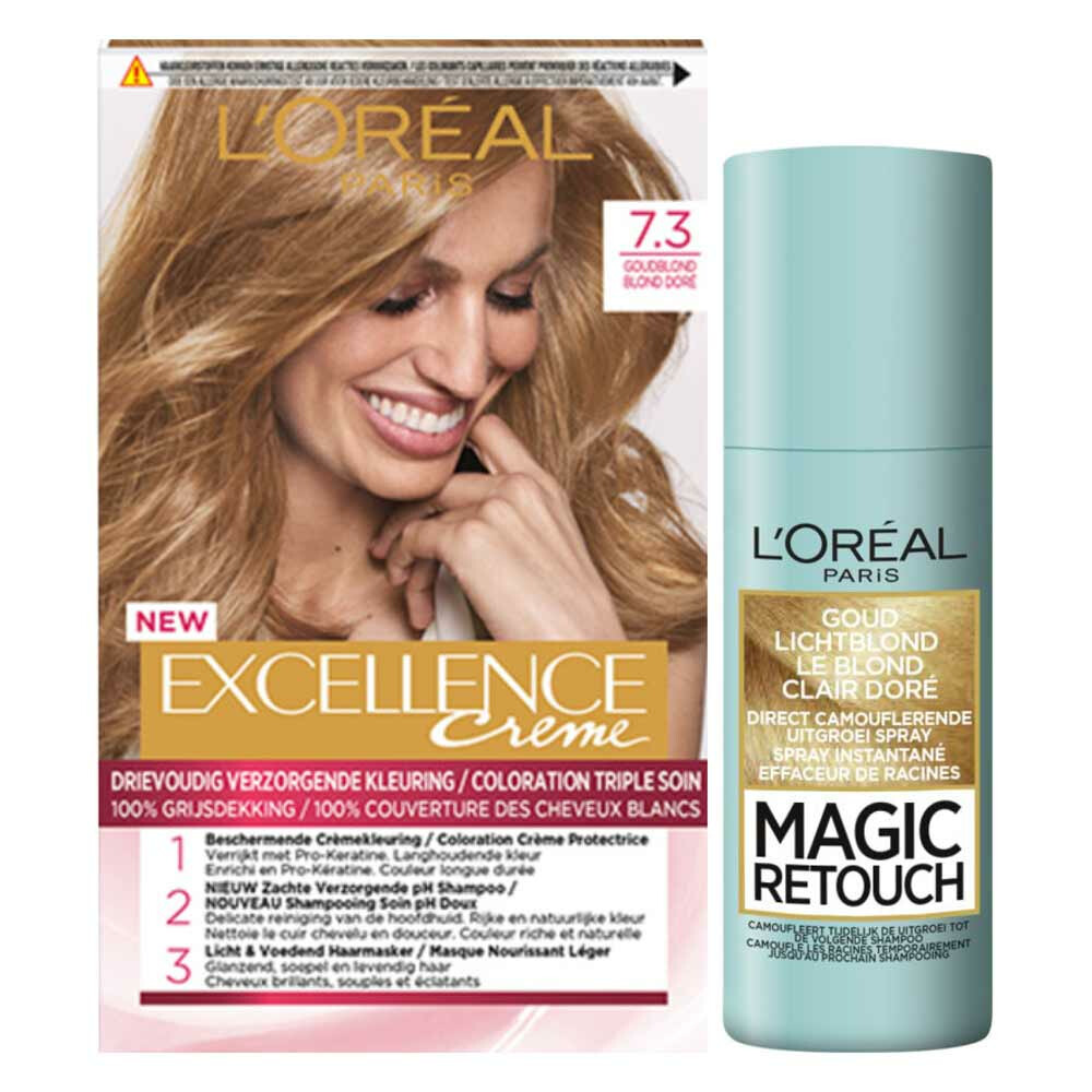 L'Oréal Excellence Creme Haarverf 7.3 Goudblond + Retouch Uitgroeispray Blond 75 ml Pakket | Plein.nl
