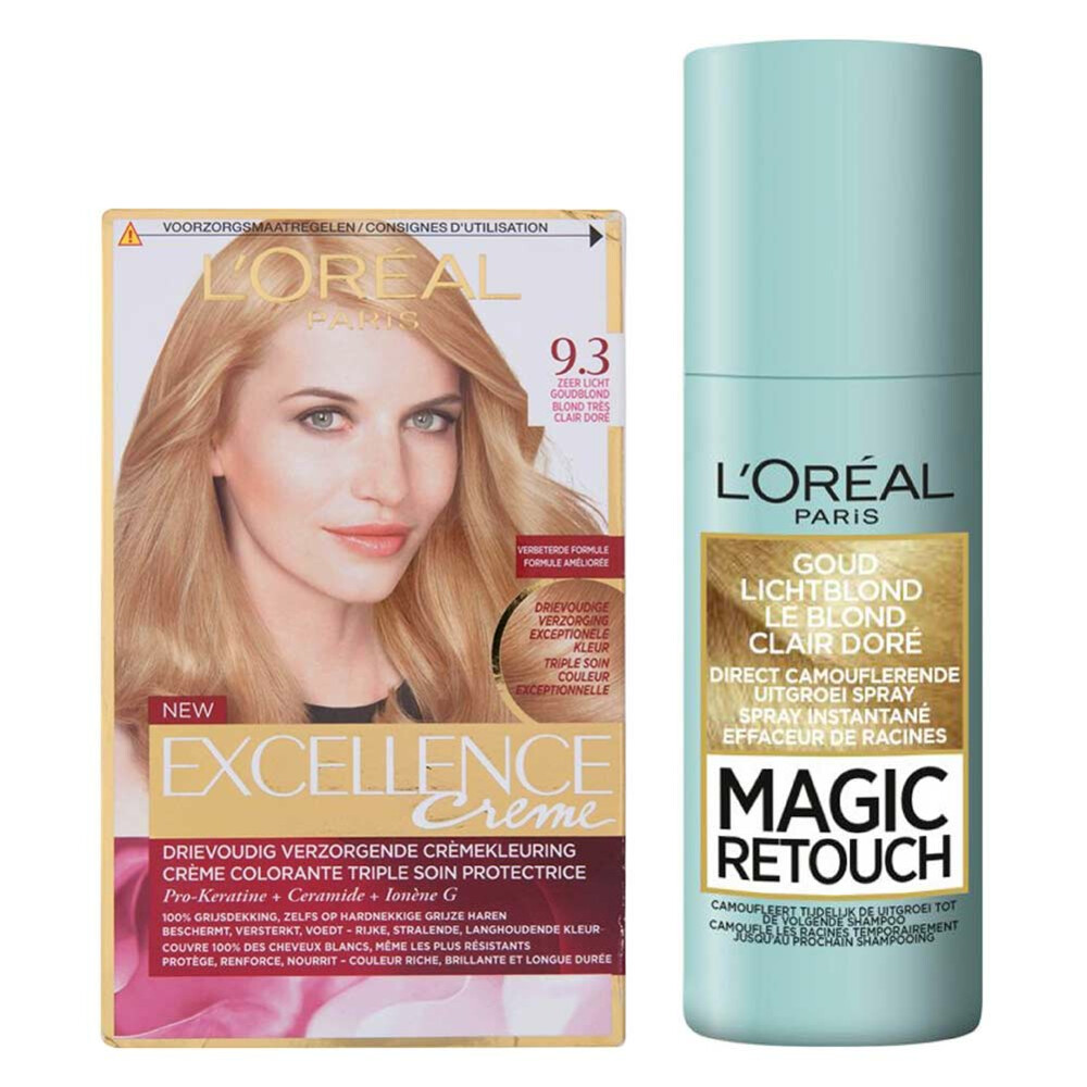 L'Oréal Excellence Creme 9.3 Zeer Licht Goudblond + Magic Retouch Uitgroeispray Blond 75 Pakket | Plein.nl