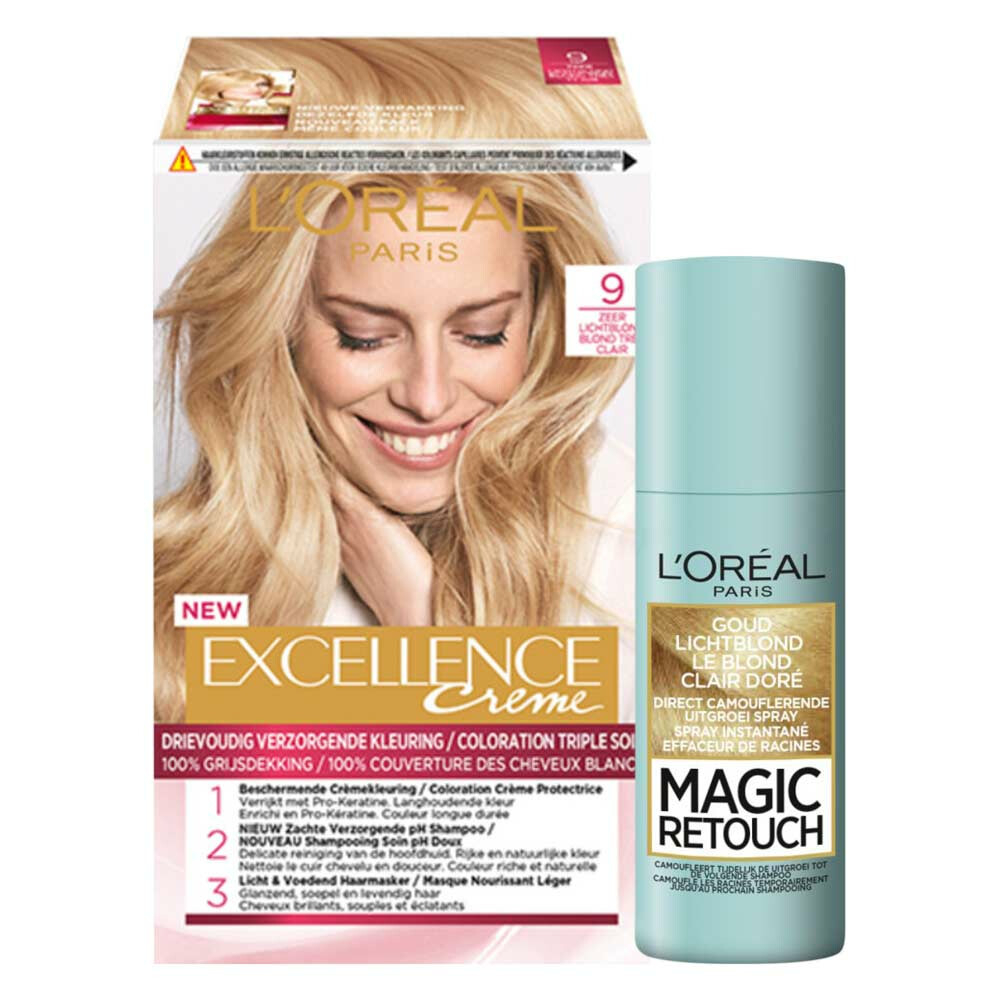 L'Oréal Excellence Creme 9 Zeer Licht Blond + Magic Retouch Uitgroeispray Blond 75 Pakket Plein.nl