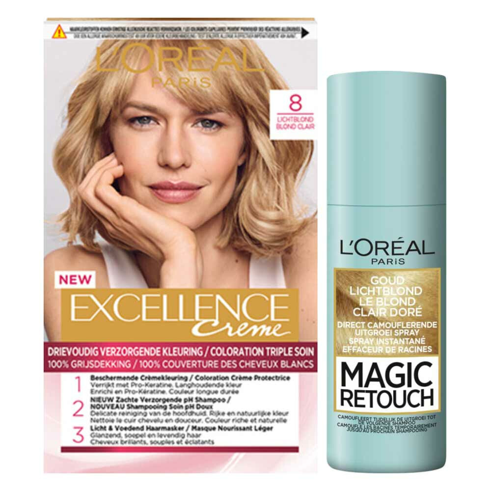 L'Oréal Excellence Creme Haarverf 8 Lichtblond + Magic Retouch Uitgroeispray Blond 75 ml Pakket