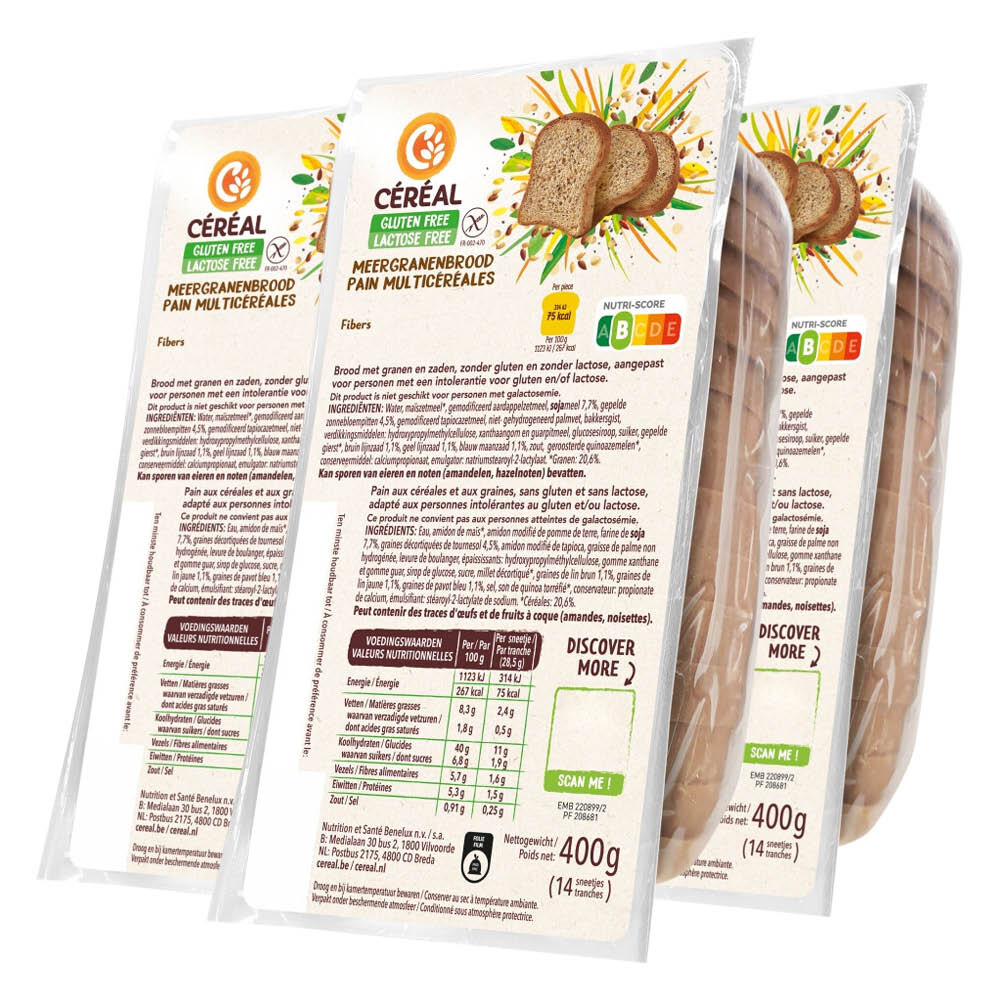 3x Céréal Meergranen Brood Glutenvrij En Lactosevrij 400 Gr