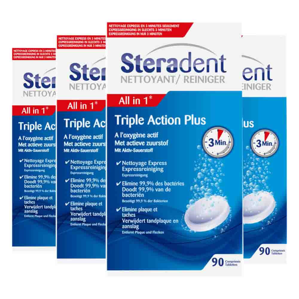 4x Steradent Triple Action Plus Kunstgebit Reiniger 90 tabletten