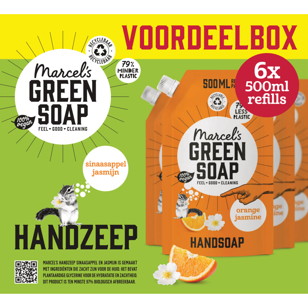 6x Marcel's Green Soap Handzeep Sinaasappel&Jasmijn Navul Stazak 500 ml