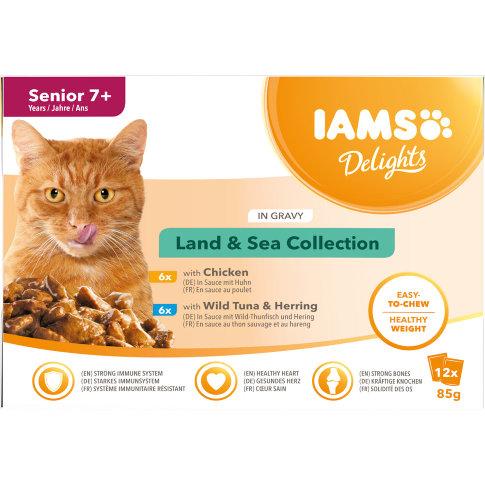 Iams 7+ Delights Land - Sea in Saus 12 x 85 gr