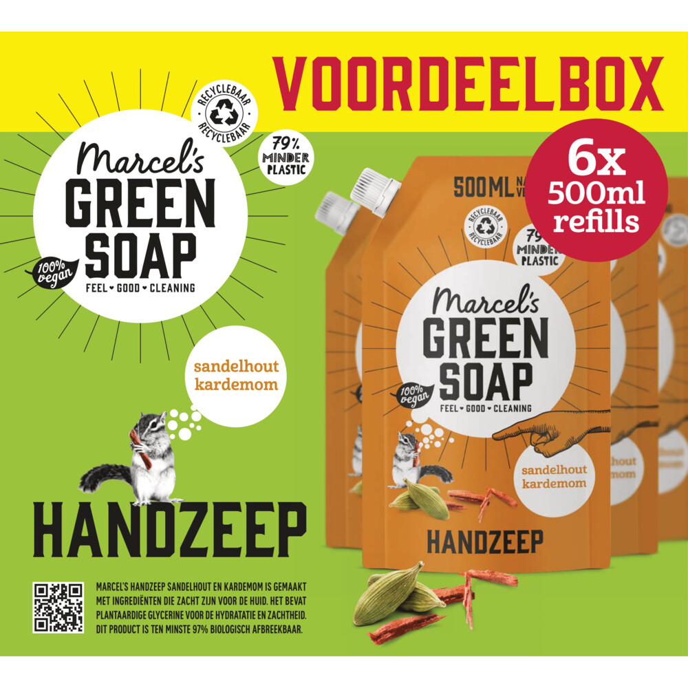 6x Marcel's Green Soap Handzeep Sandelhout&Kardemon Navul Stazak 500 ml