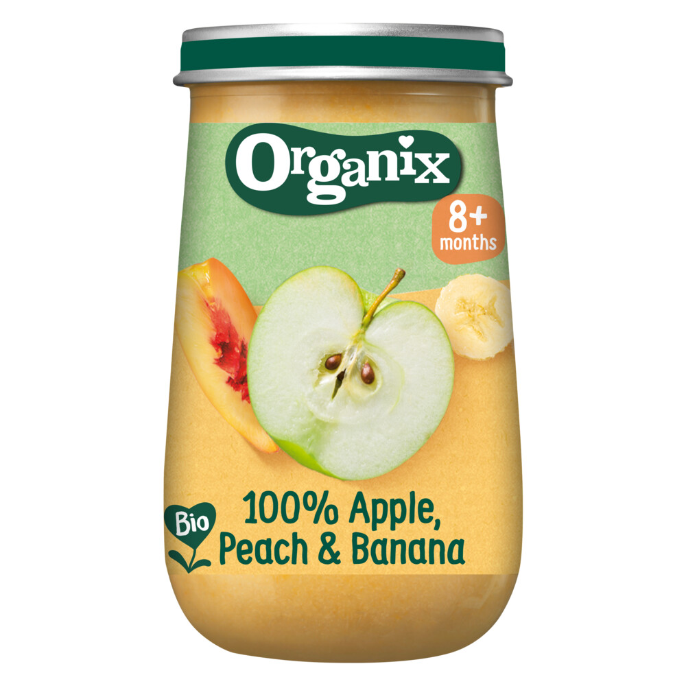 Organix Biologisch Fruithapje 100% Appel, Perzik&Banaan 8+ mnd 190 gr