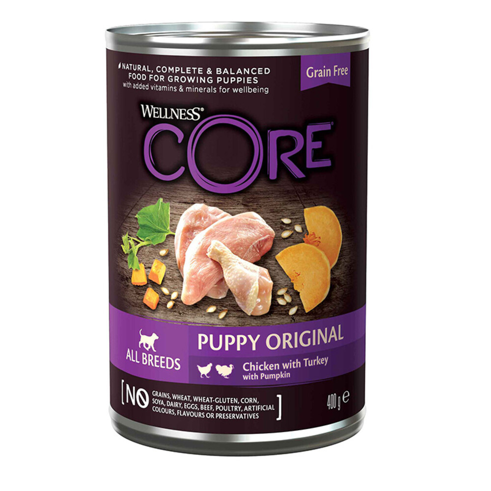 6x Wellness Core Hondenvoer Blik Puppy Kip Kalkoen Pompoen 400 gr