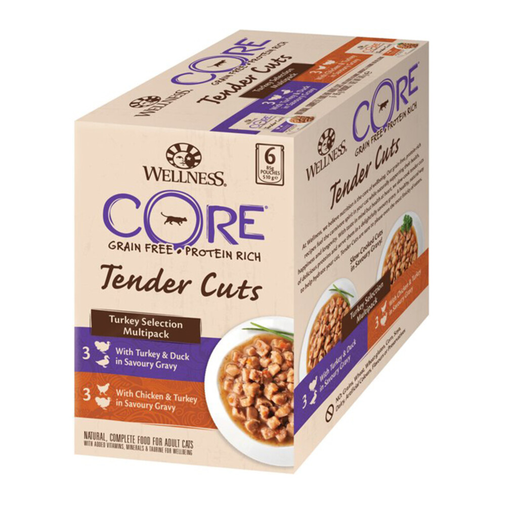 4x Wellness Core Kattenvoer Tender Cuts Selection 6-pack Kalkoen 6 x 85 gr