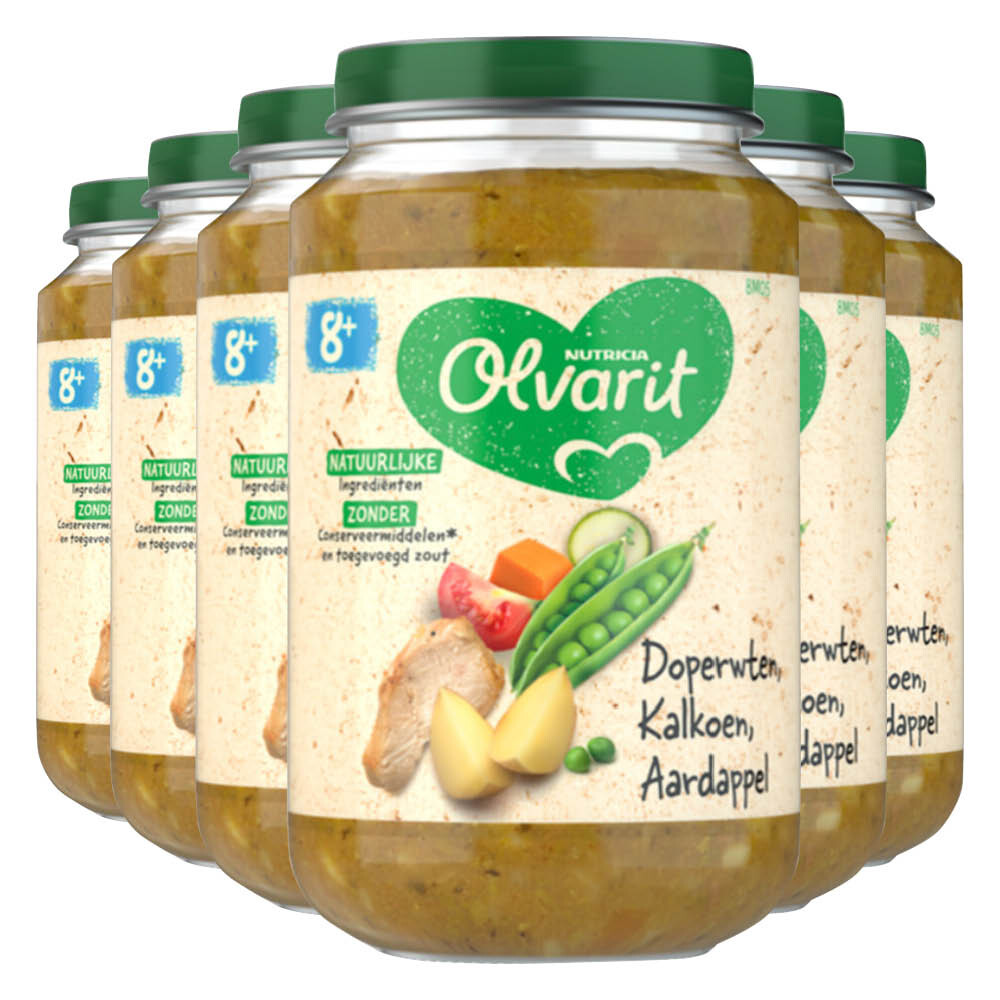 6x Olvarit Maaltijd 8m Doperwten Kalkoen Aardappel 200 gr