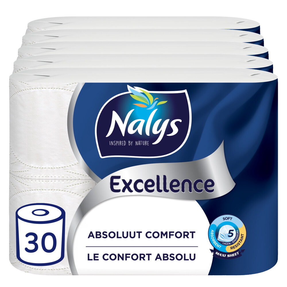 5x Nalys Excellence 5-Laags Maxi-Vel Toiletpapier In Papieren Verpakking 6 stuks