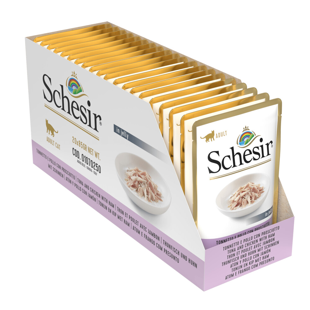 20x Schesir Kattenvoer Tonijn Kip Ham in Gelei 85 gr