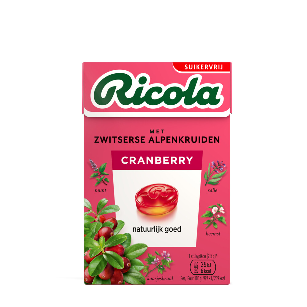 Ricola Keelpastilles Cranberry Suikervrij Doosje 50 gr