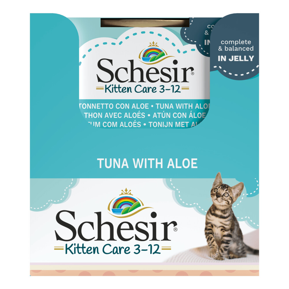 14x Schesir Kattenvoer Kitten 3-12 Tonijn Aloe in Gelei 85 gr