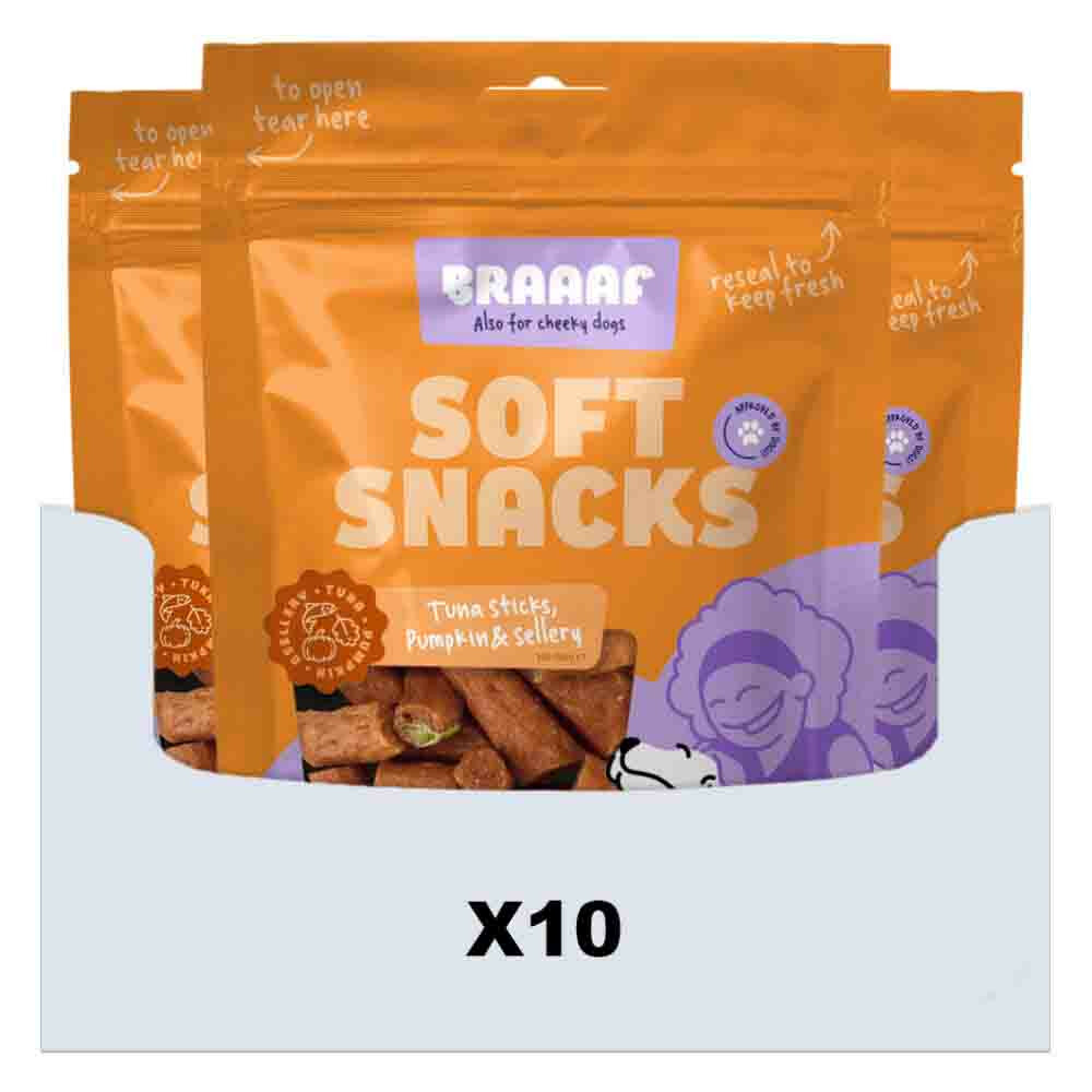 10x Braaaf Sticks Hondensnack Tonijn - Pompoen - Selderij 85 gr