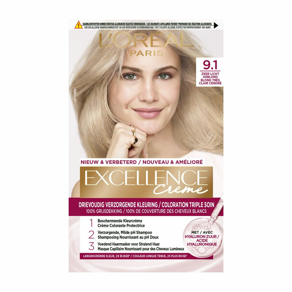 3x L'Oréal Excellence Crème Permanente Crèmekleuring 9.1 Zeer Licht Asblond