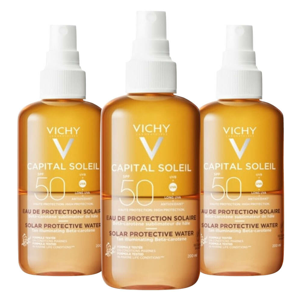 3x Vichy Capital Soleil Zonbeschermend Water Optimale Bruine Teint SPF 50 200 ml