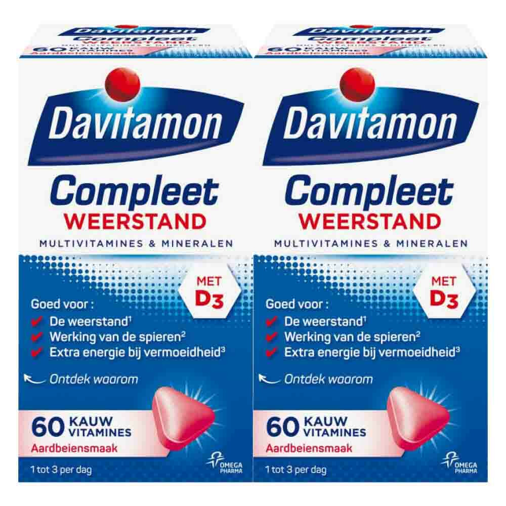 2x Davitamon Compleet Weerstand Kauwvitamines Aardbei 60 kauwtabletten