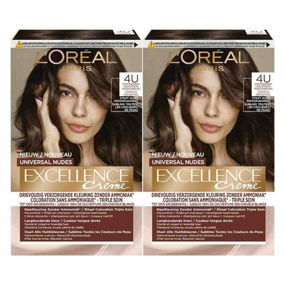 2x L'Oréal Excellence Crème Universal Nudes Permanente Haarkleuring 4U Universeel Middenbruin