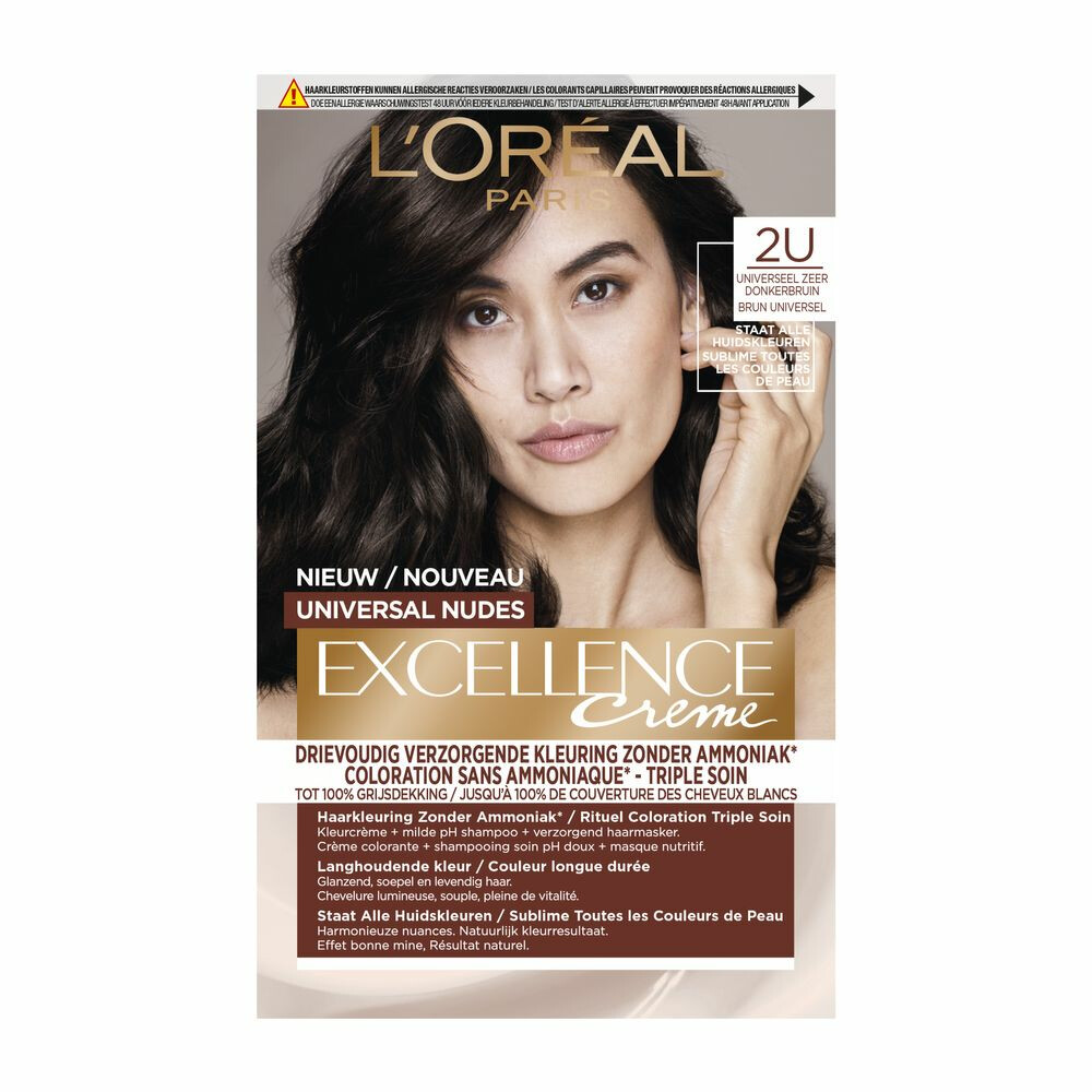 6x L'Oréal Excellence Crème Universal Nudes Permanente Haarkleuring 2U Universeel Zeer Donkerbruin