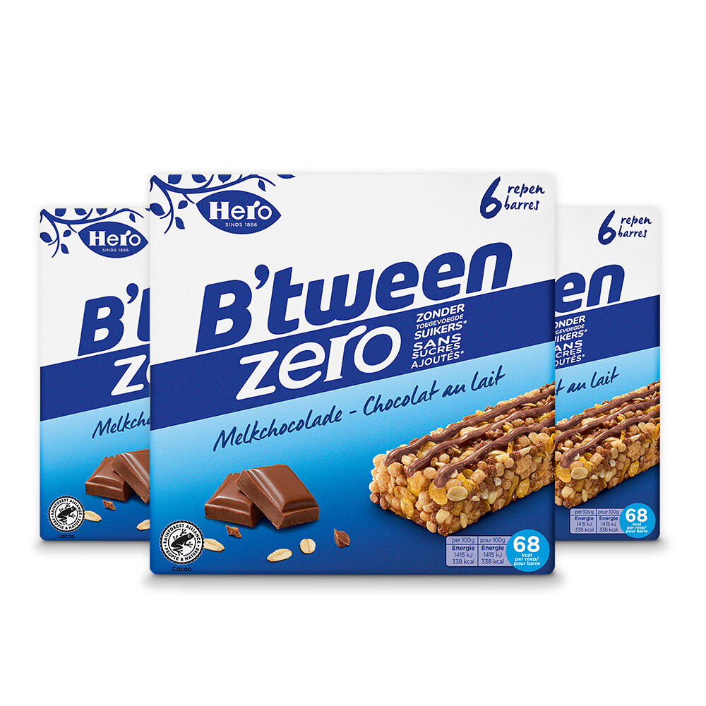 3x Hero B'tween Mueslireep Zero Melkchocolade 6x20gr