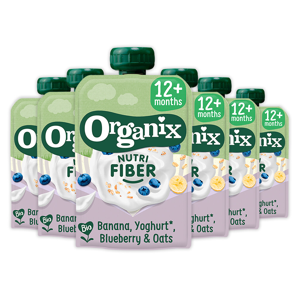 6x Organix Knijpfruit Nutri Fiber Banaan Blauwe Bes Yoghurt 12+m 100 gr