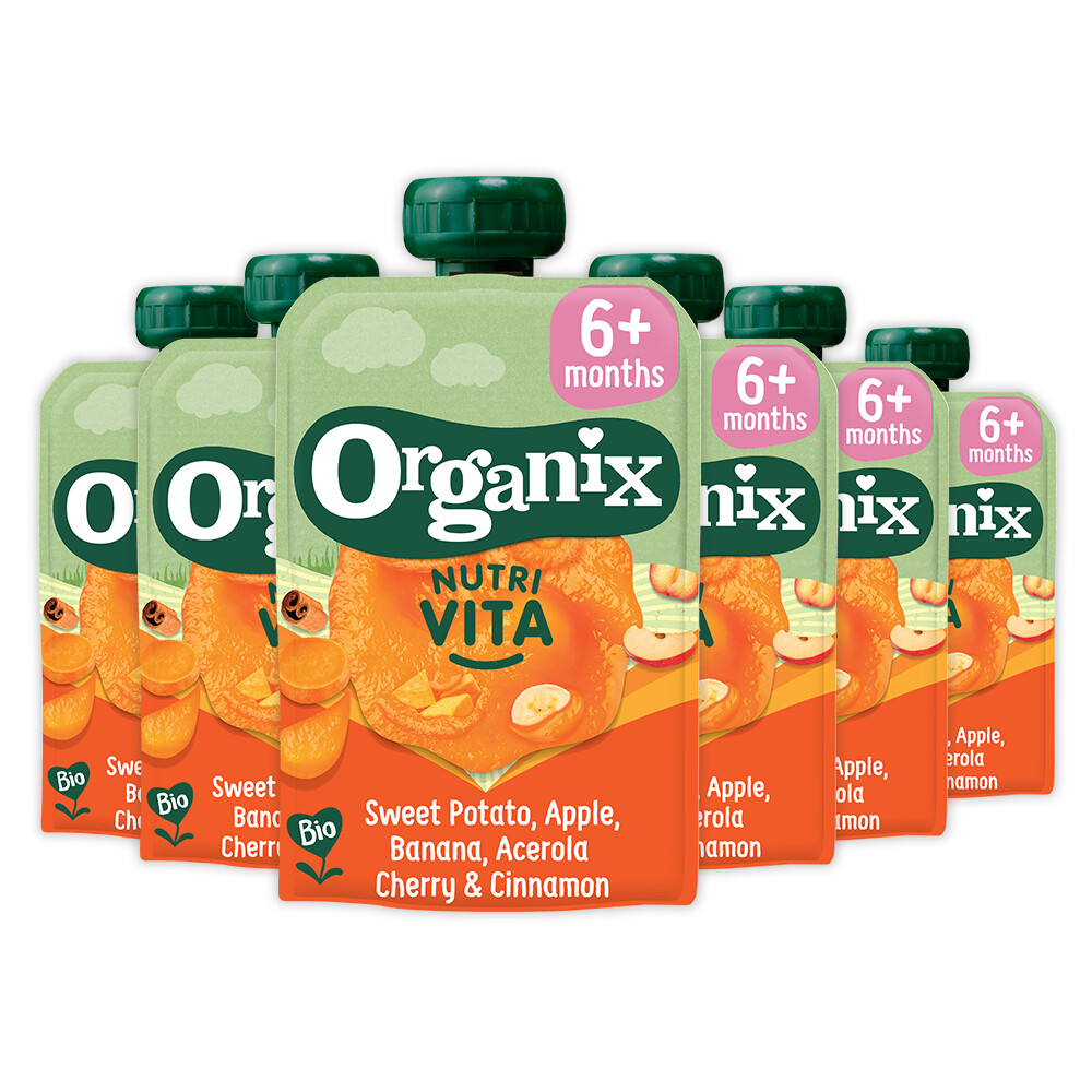 6x Organix Knijpfruit Nutra Vita Zoete Aardappel Kers Kaneel 6+m 100 gr