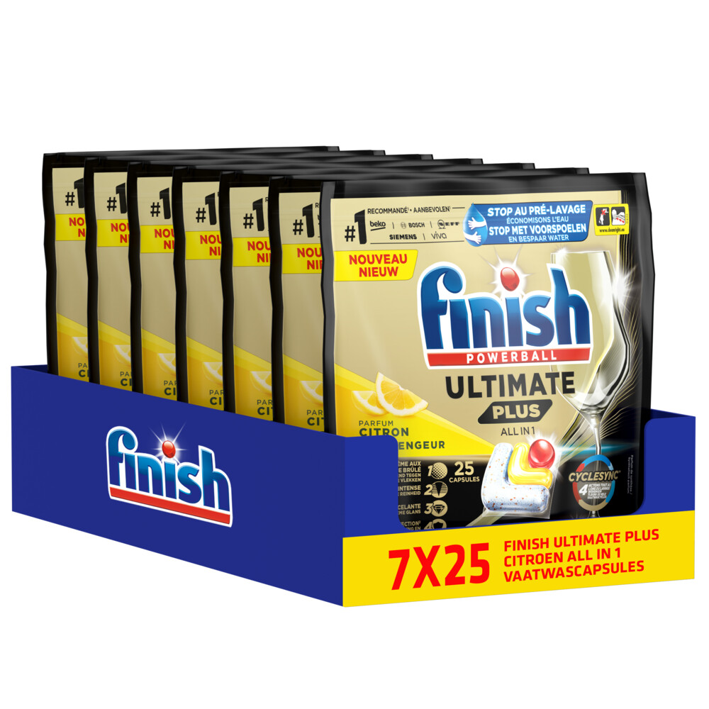 7x Finish Ultimate + All in 1 Vaatwastabletten Citroen 25 stuks