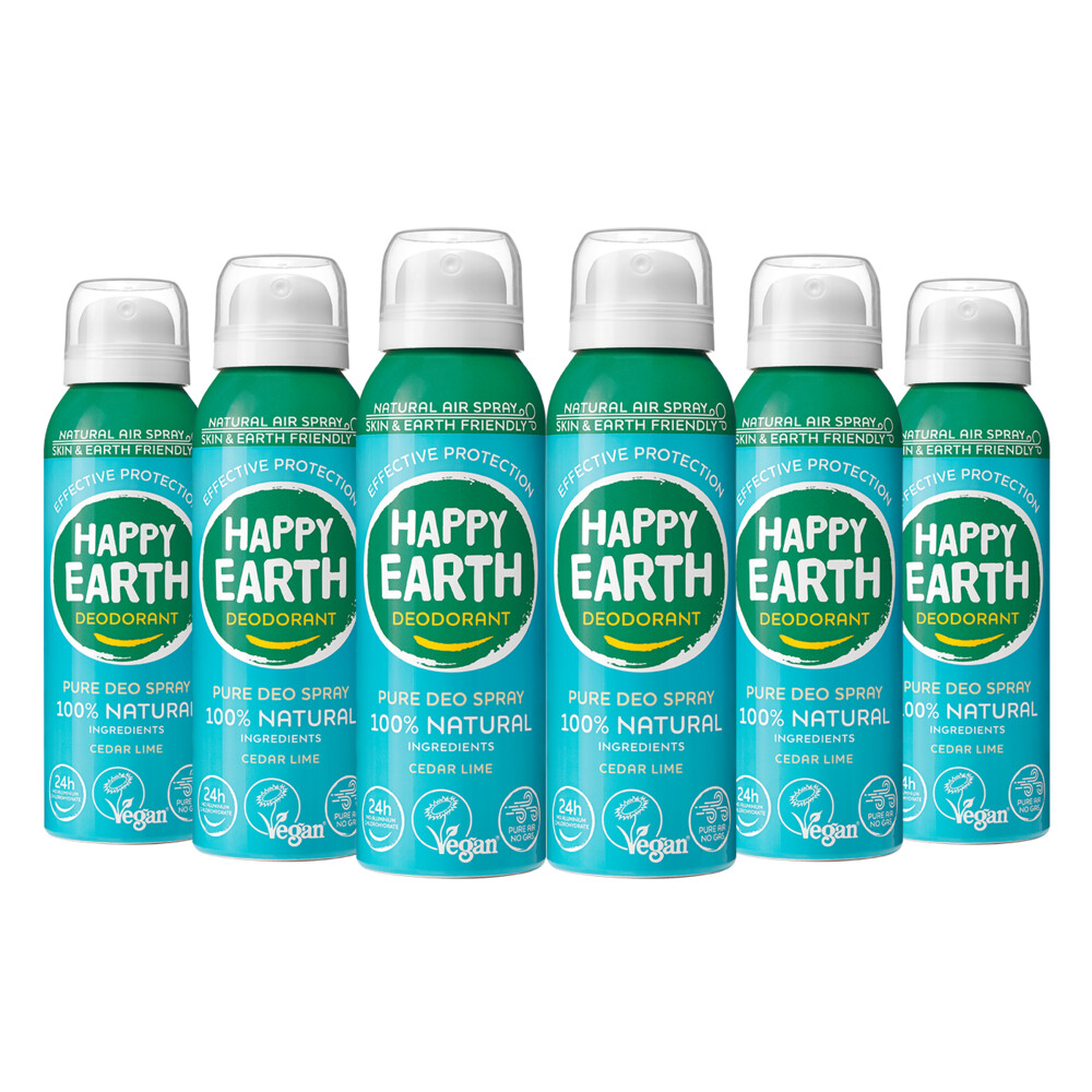 6x Happy Earth 100% Natuurlijke Deodorant Natural Air Spray Cedar Lime 100 ml