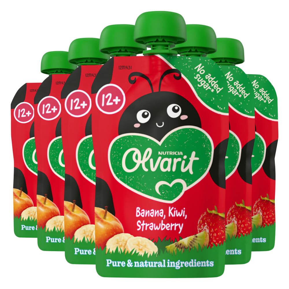 6x Olvarit Knijpfruit 12+m Aardbei Banaan Kiwi 100 gr