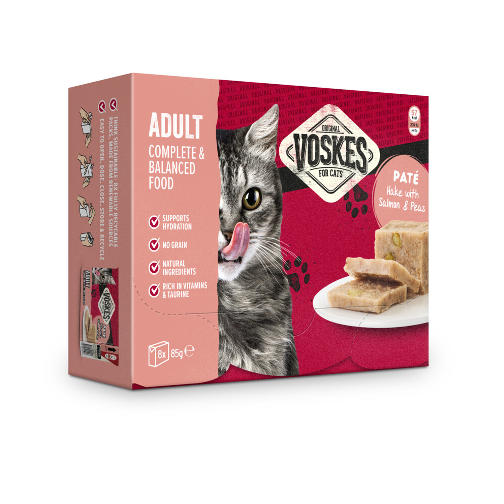 8x Voskes Paté Adult Heek met Zalm&Erwtjes 8 x 85 gr