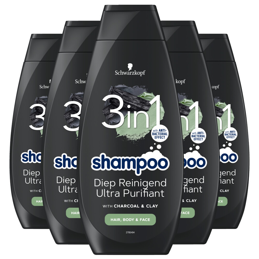 5x Schwarzkopf Men Shampoo 3 in 1 Hair-Body-Face Charcoal + Clay 400 ml