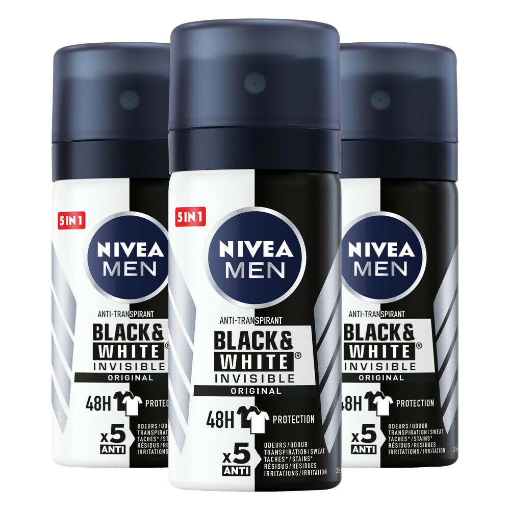 3x NIVEA Men Deodorant Spray Invisible for Black en White Power 35 ml