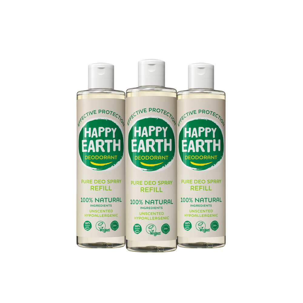 3x Happy Earth 100% Natuurlijke Deo Spray Navulling Unscented 300 ml