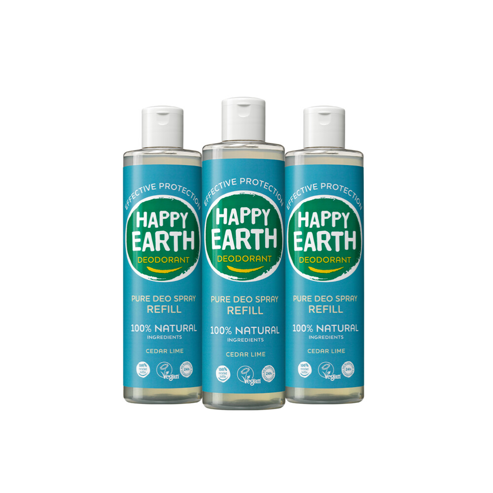 3x Happy Earth 100% Natuurlijke Deo Spray Navulling Cedar Lime 300 ml