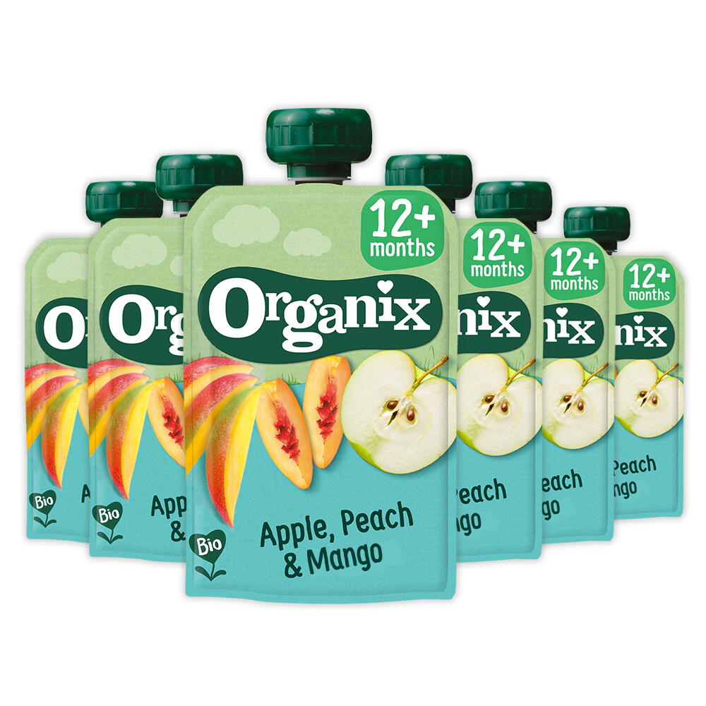 6x Organix Knijpfruit 12+m Appel, Perzik&Mango 100 gr