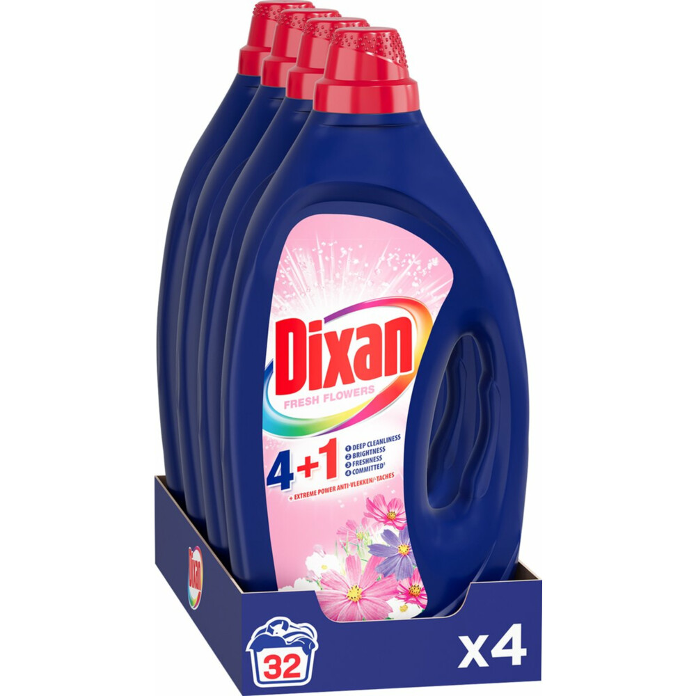 4x Dixan Vloeibaar Wasmiddel 4+1 Color Fresh Flowers 32 Wasbeurten 1,440 liter