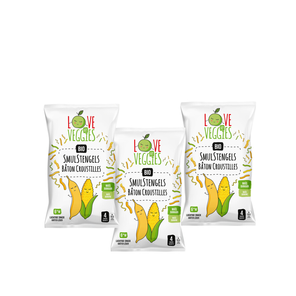 3x Love My Veggies Multipack Smulstengels Mais Banaan 4x15 gr