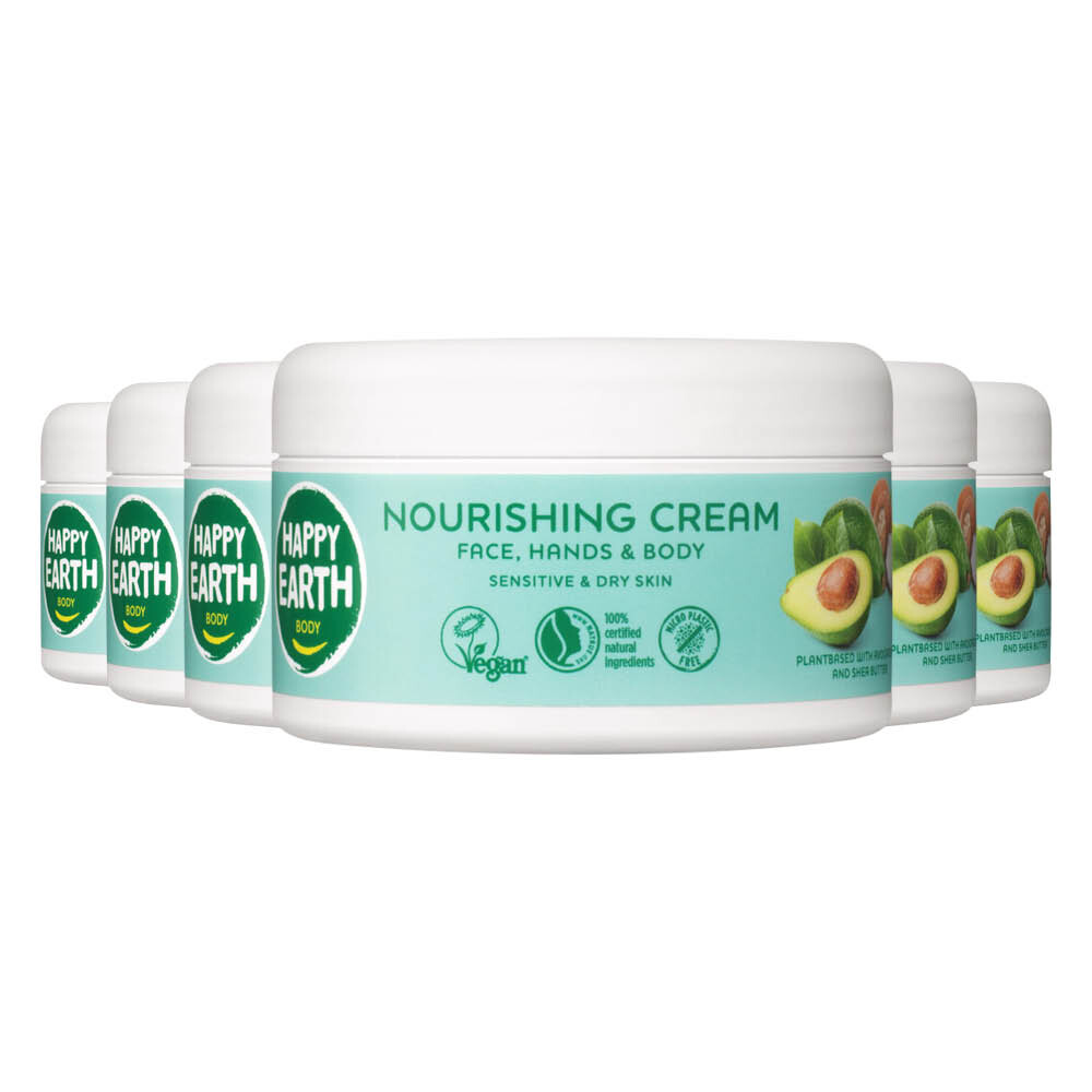 6x Happy Earth 100% Natuurlijke Voedende Créme Sensitive & Dry Skin 200 ml