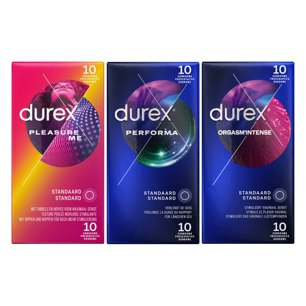 Durex Pleasure Me Condooms 10 stuks, Orgasm Intense Condooms 10 stuks&Performa Condooms10 stuks Pakk