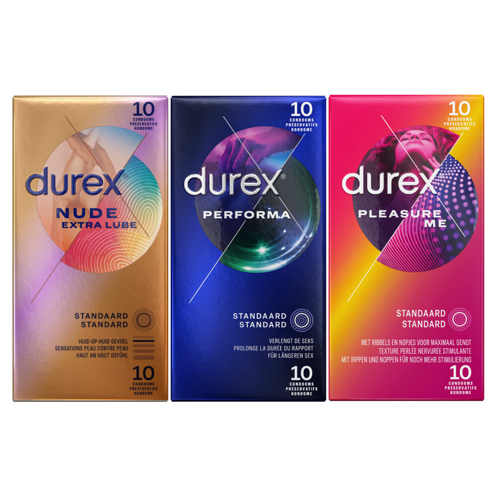 Durex Nude Extra Lube Condooms 10 stuks, Pleasure Me Condooms 10 stuks&Performa Condooms 10 stuks Pa