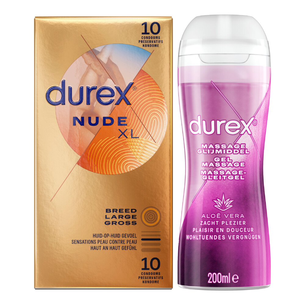 Durex Nude XL Condooms 10 stuks&Play Massage Gel 2 in 1 Aloë Vera 200 ml Pakket