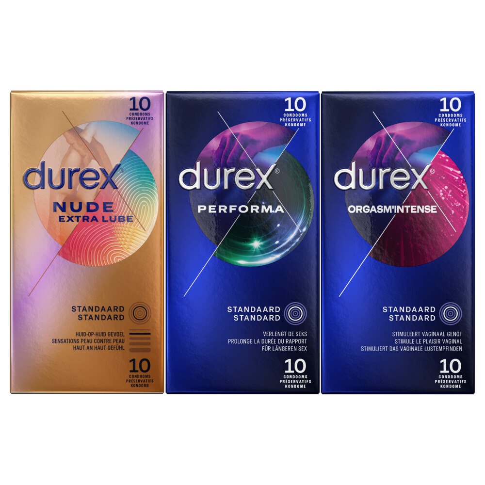 Durex - Perfoma Condooms 10 stuks, Nude Extra Lube Condooms 10 stuks&Orgasm Intense Condooms 10 stuks Pakket